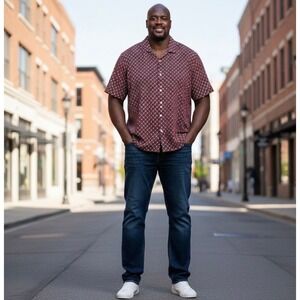 NWT‎ Shaquille Oneal XLG Short Sleeve Woven Shirt Red Geometric Print